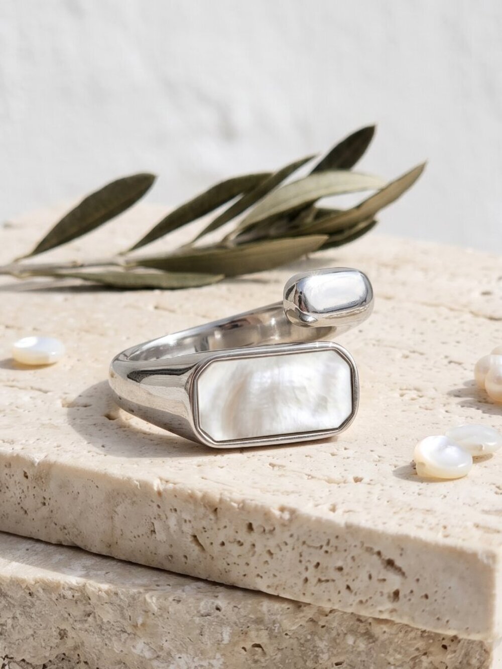 18K White Gold Plated Mother of Pearl Signet Ring Modern Geometric Adj 5-10